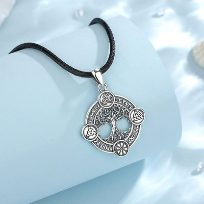 Sterling silver Tree of Life Norse runes amulet pendant on a black cord, pagan jewelry.