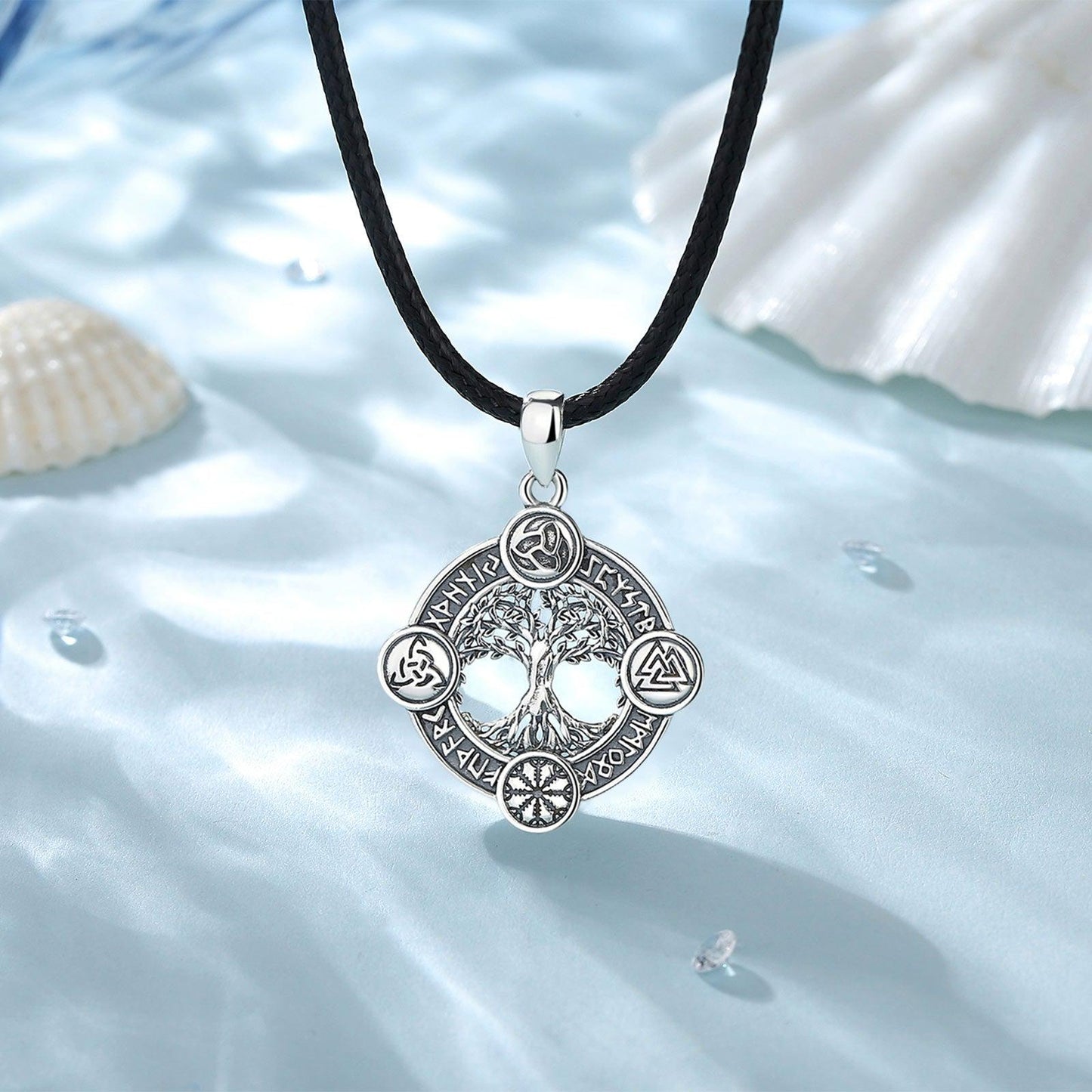 Stunning 925 sterling silver Tree of Life pendant with Norse runes on a black cord, perfect pagan jewelry.