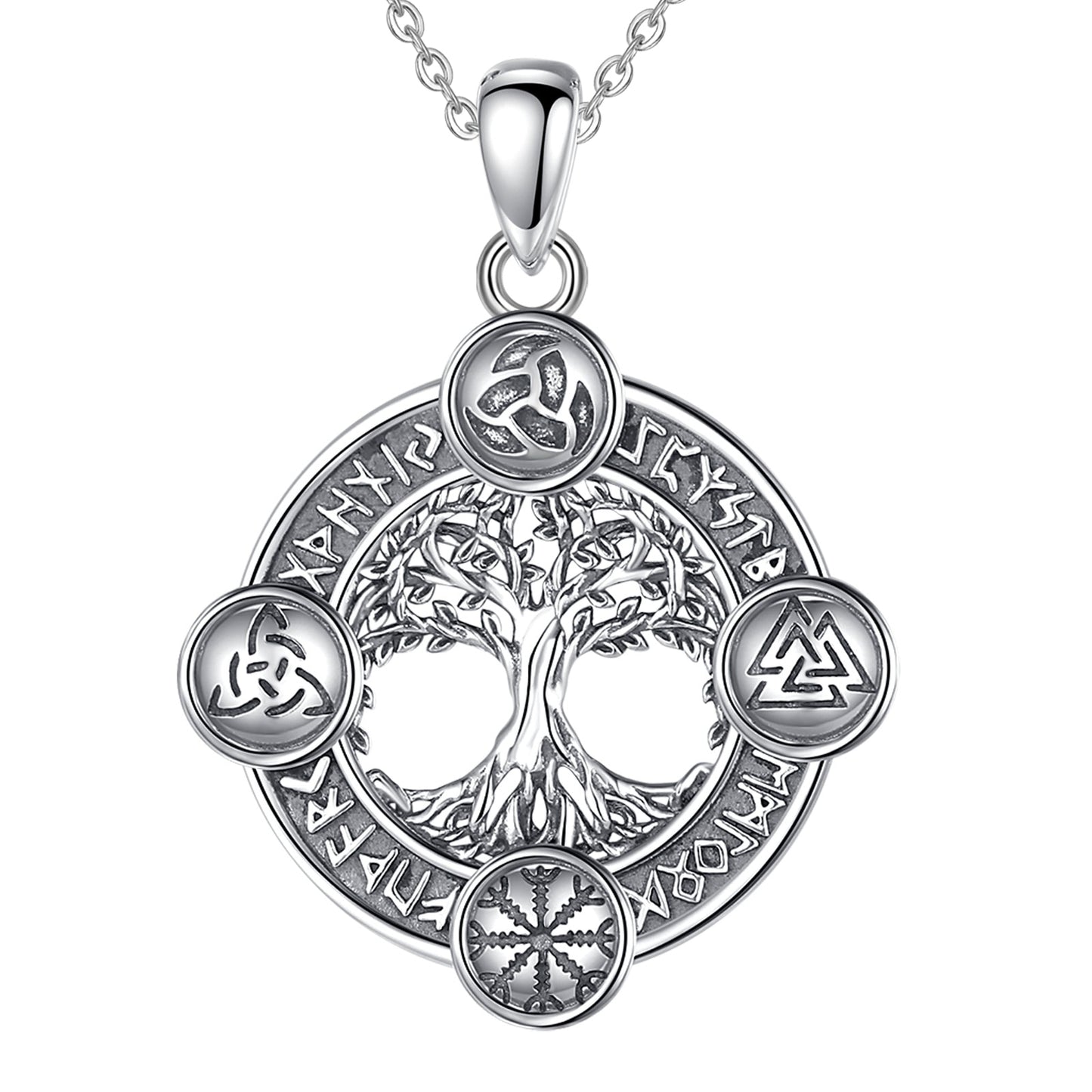 Stunning 925 sterling silver Tree of Life necklace with Norse runes and pagan amulets on an 18/20 inch chain.