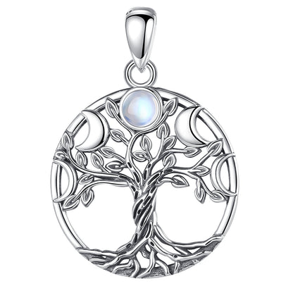 Sterling silver Tree of Life necklace with moon phase design and iridescent gemstone.