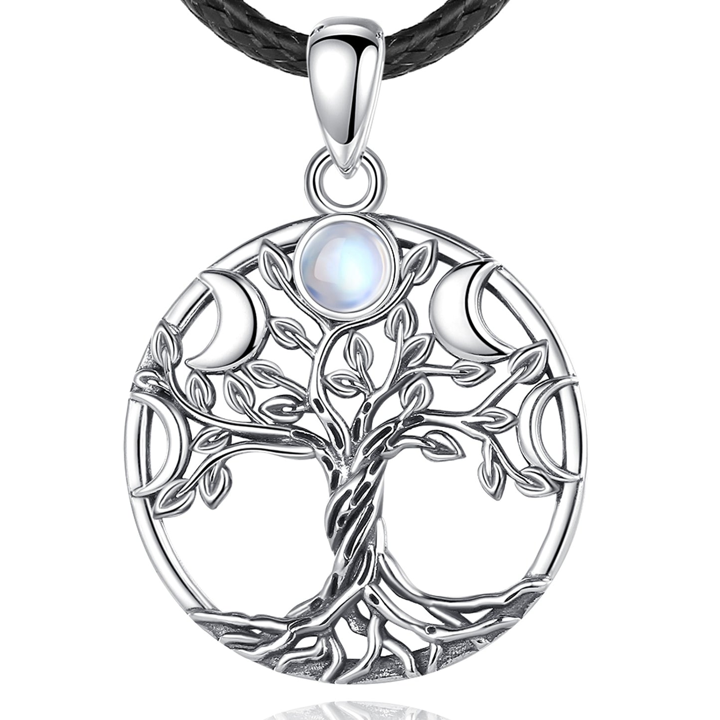 Sterling silver Tree of Life pendant with moon phases and a luminous moonstone, on a black leather cord.