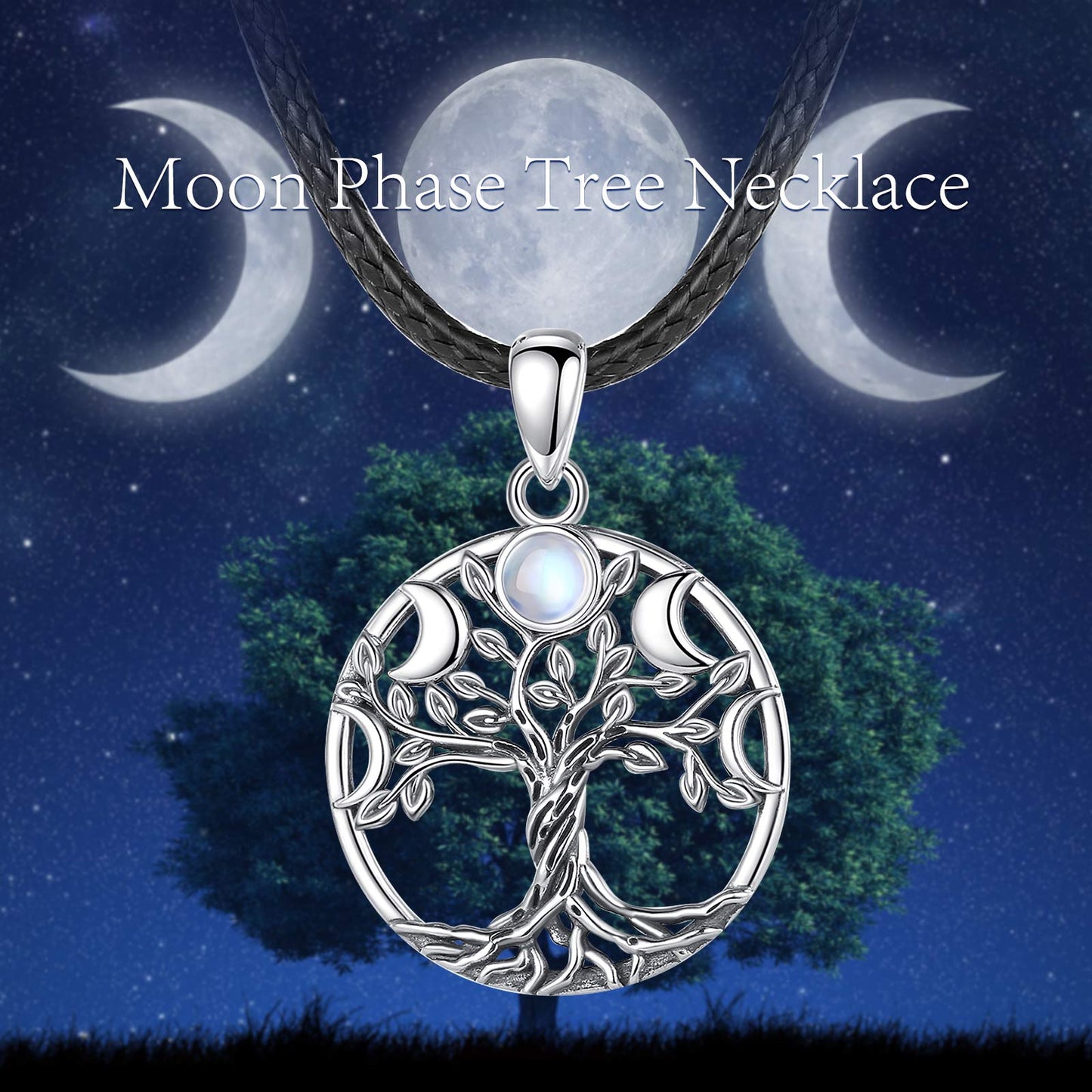 Sterling silver Tree of Life pendant with moon phases and a central moonstone, on a black leather cord.