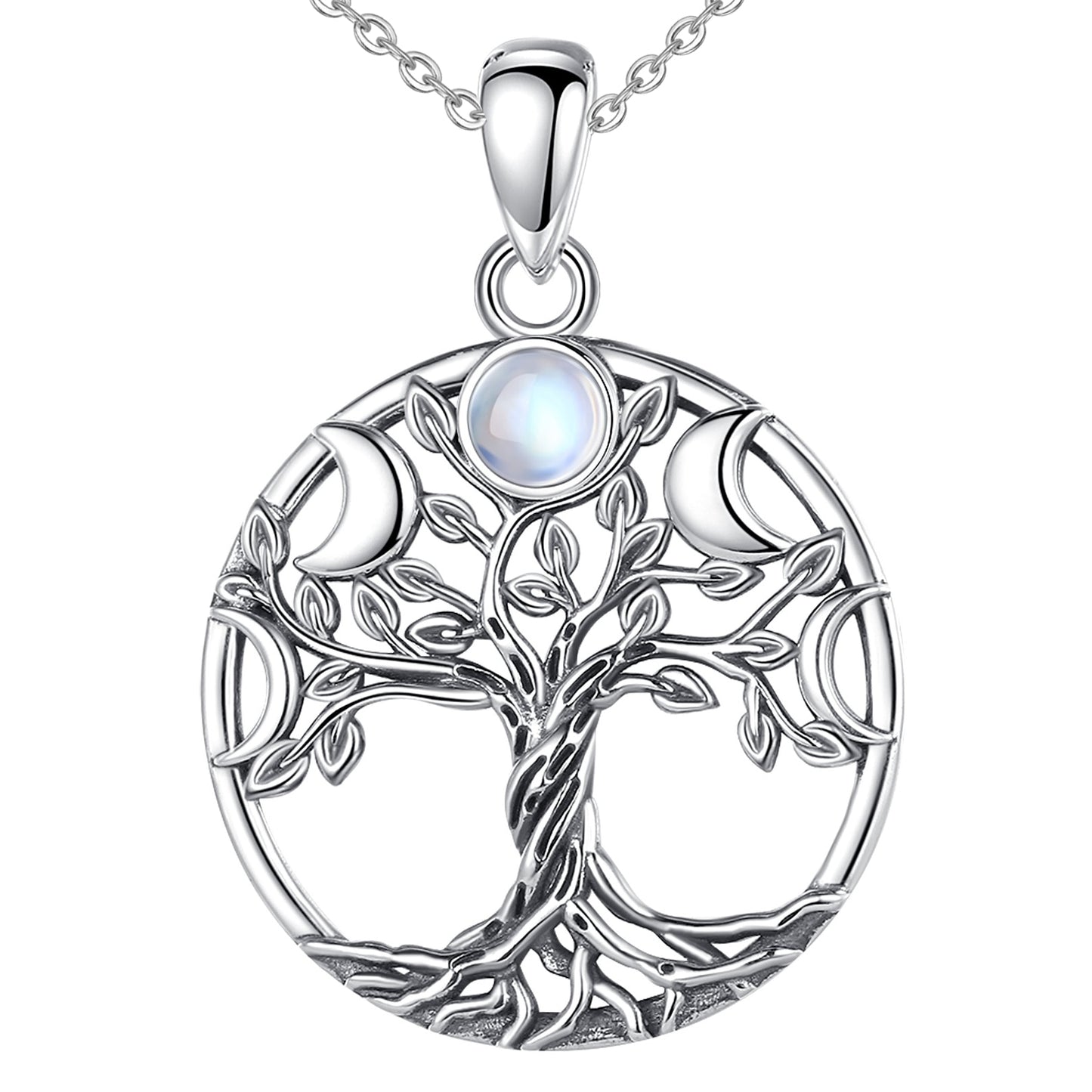 Sterling silver Tree of Life necklace with moon phase design and iridescent moonstone.