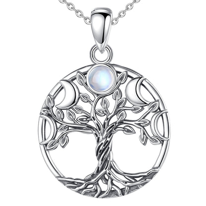 Sterling silver Tree of Life necklace with moon phase design and iridescent moonstone.