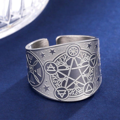 Striking stainless steel Tree of Life Pentacle Ring with intricate pagan and wiccan symbols.