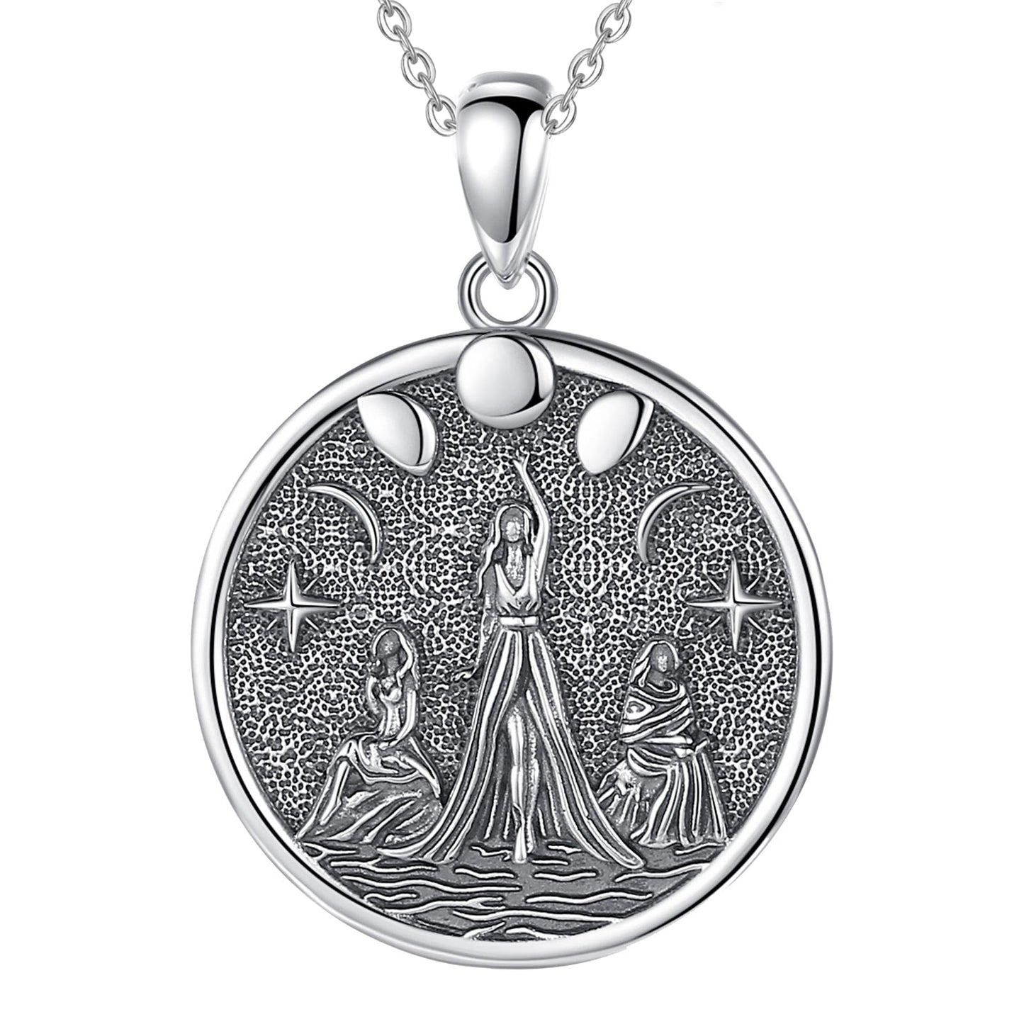 Sterling silver Triple Moon Goddess Hecate amulet necklace with three female figures and stars.