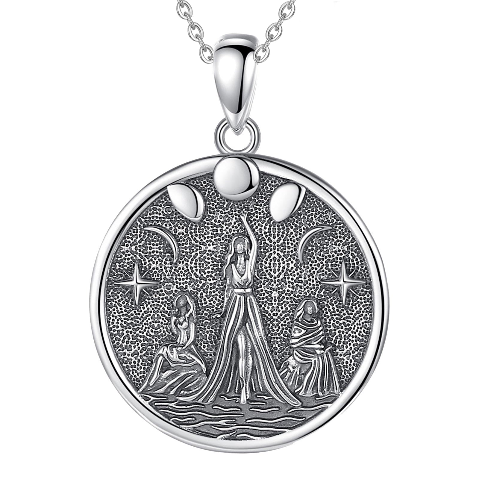 Sterling silver Triple Moon Goddess Hecate amulet necklace with three female figures and stars.