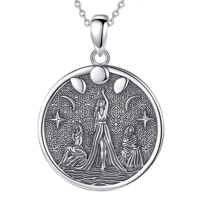 Sterling silver Triple Moon Goddess Hecate amulet necklace with three female figures and stars.