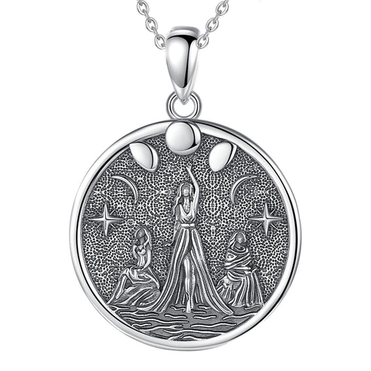 Sterling silver Triple Moon Goddess Hecate amulet necklace with three female figures and stars.