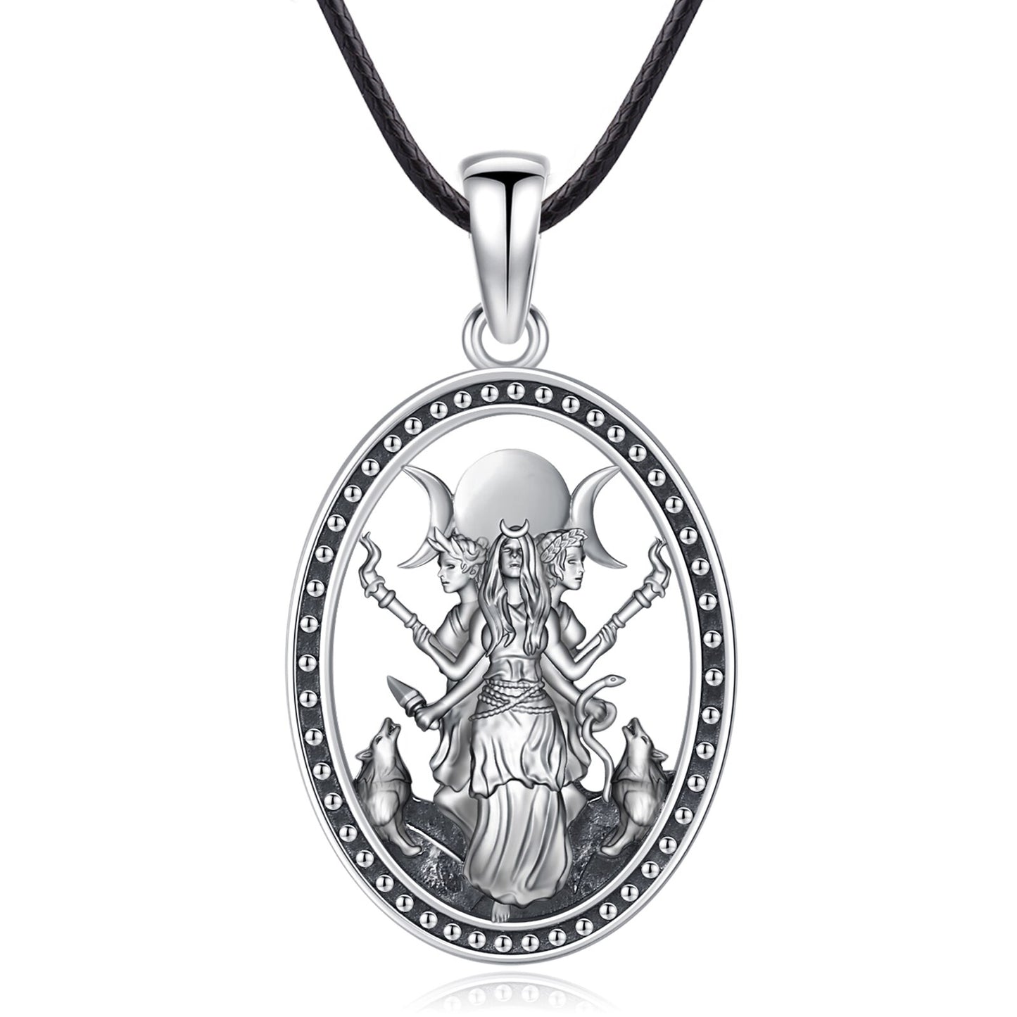 Silver Triple Moon Goddess Hecate necklace with detailed pagan design, wolves, and black leather cord.