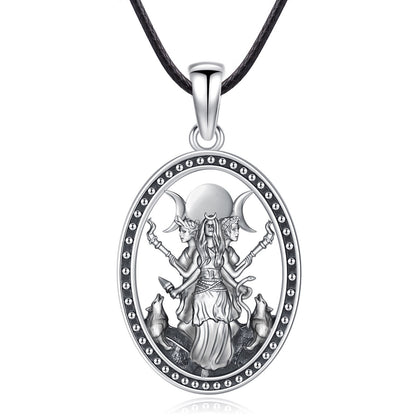 Silver Triple Moon Goddess Hecate necklace with detailed pagan design, wolves, and black leather cord.