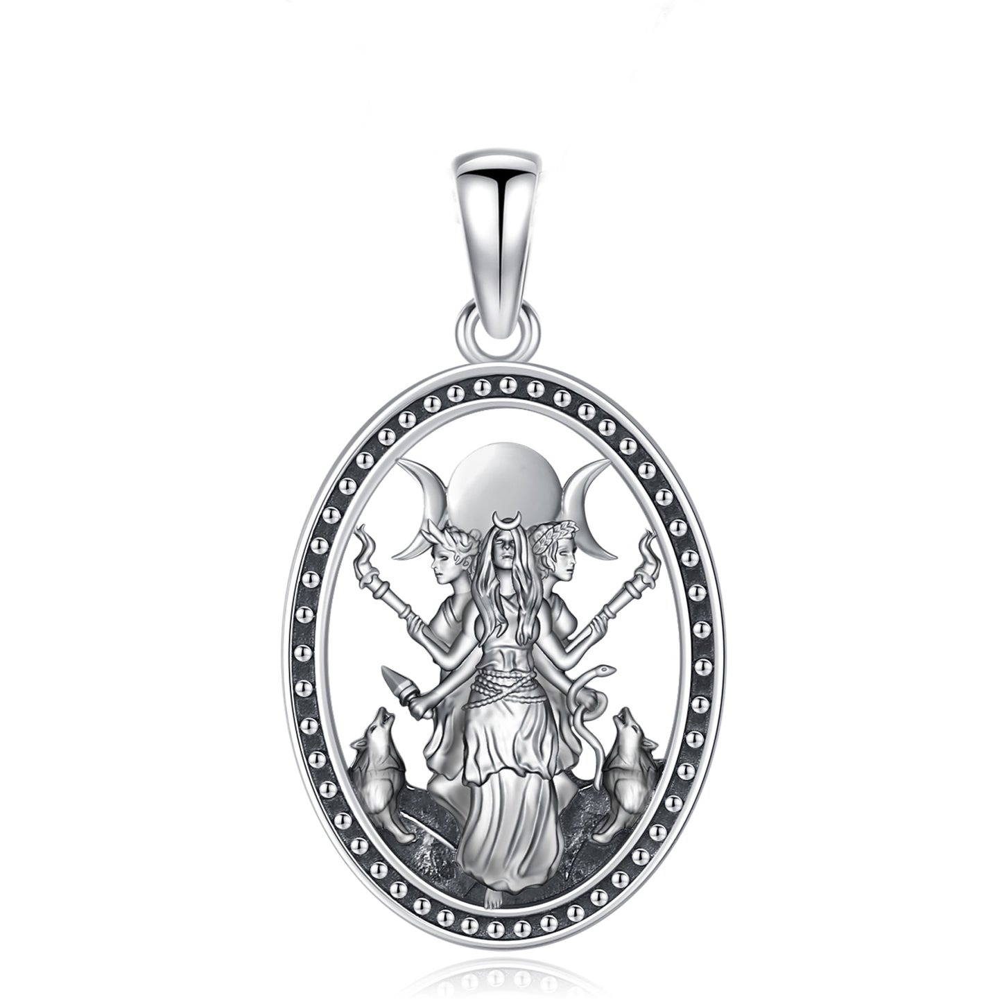 Silver Triple Moon Goddess Hecate pendant with Maiden, Mother, Crone, and wolves.