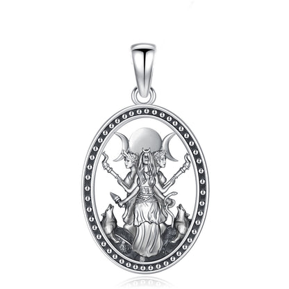 Silver Triple Moon Goddess Hecate pendant with Maiden, Mother, Crone, and wolves.