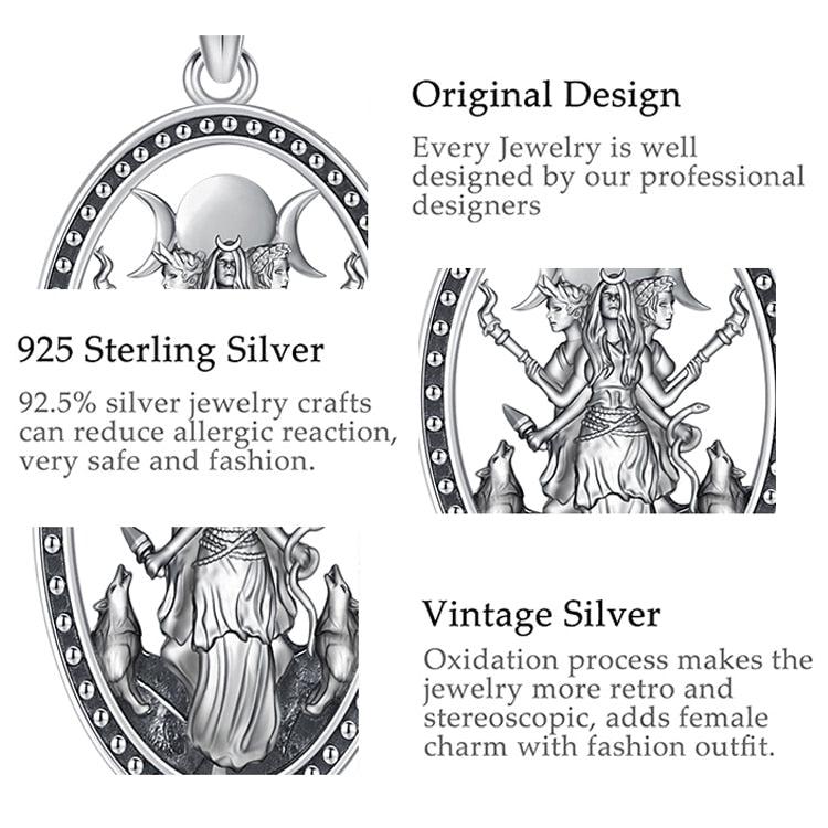 Sterling silver Triple Moon Goddess Hecate necklace, vintage design with wolves, symbolizing Maiden, Mother, Crone.