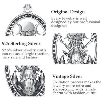 Sterling silver Triple Moon Goddess Hecate necklace, vintage design with wolves, symbolizing Maiden, Mother, Crone.