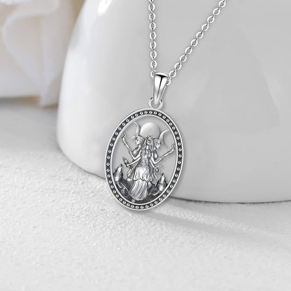 Elegant silver Triple Moon Goddess Hecate necklace, featuring an oval pendant with a detailed goddess figure.
