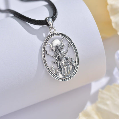Sterling silver Triple Moon Goddess Hecate necklace with a black leather cord, showcasing intricate pagan design.