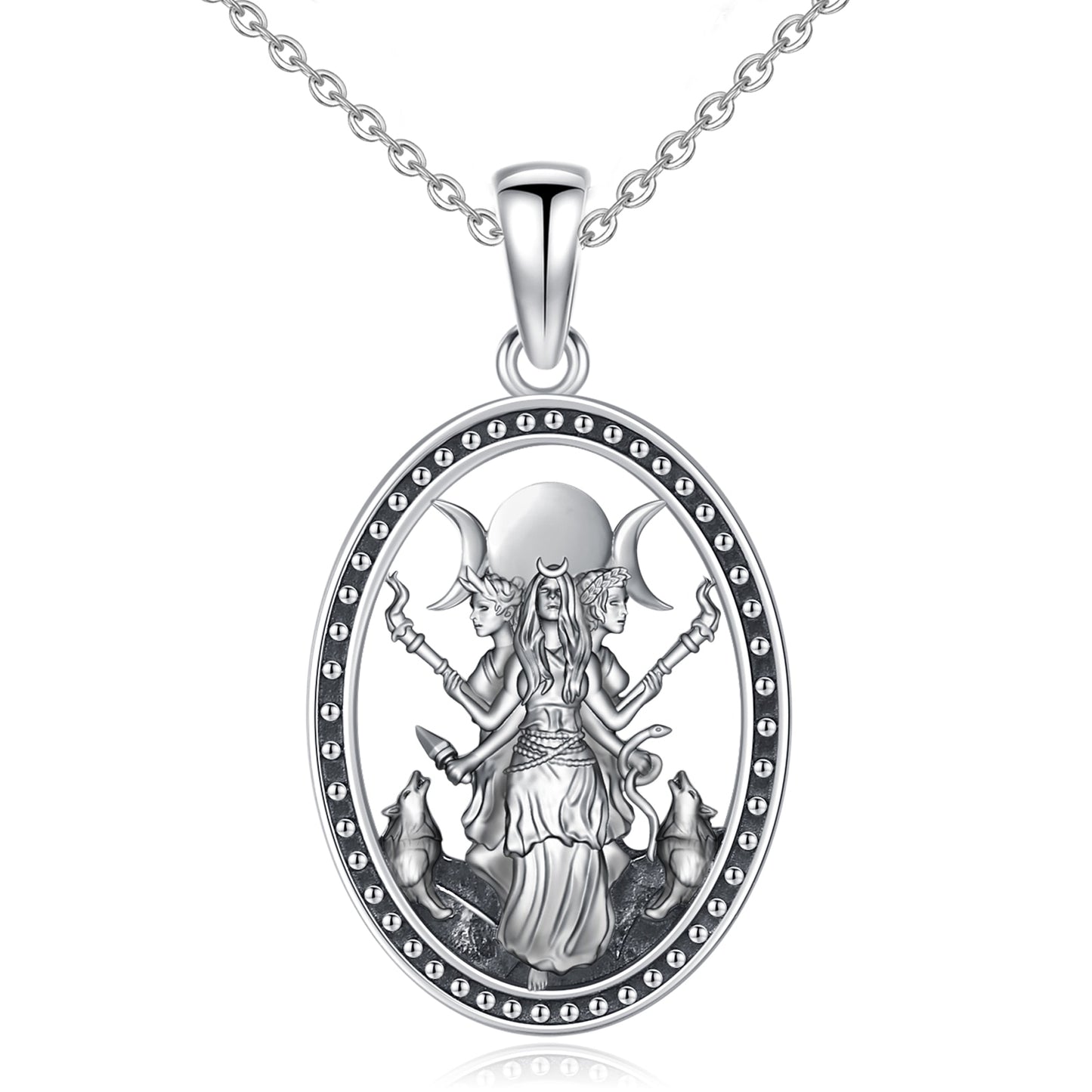 Silver Triple Moon Goddess Hecate necklace with detailed oval pendant featuring goddess, moons, and wolves.