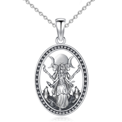 Silver Triple Moon Goddess Hecate necklace with detailed oval pendant featuring goddess, moons, and wolves.