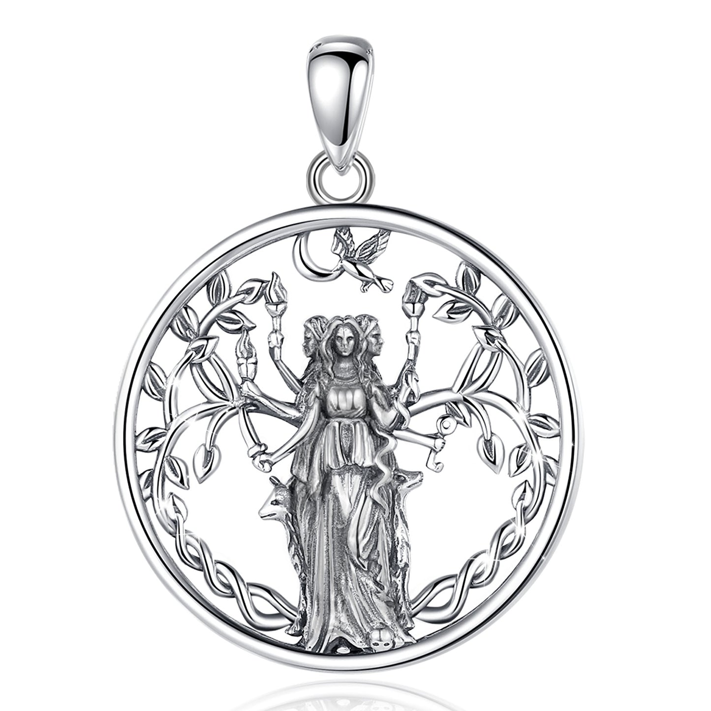 925 Sterling Silver Triple Moon Goddess Hecate necklace pendant, 35x25mm, featuring a detailed goddess figure.