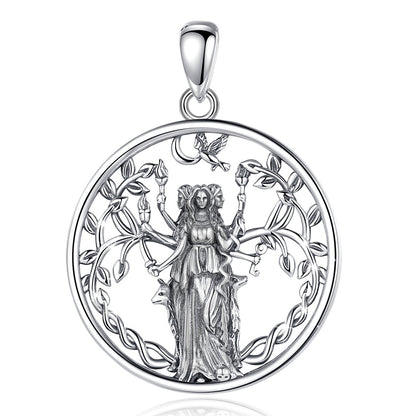 925 Sterling Silver Triple Moon Goddess Hecate necklace pendant, 35x25mm, featuring a detailed goddess figure.