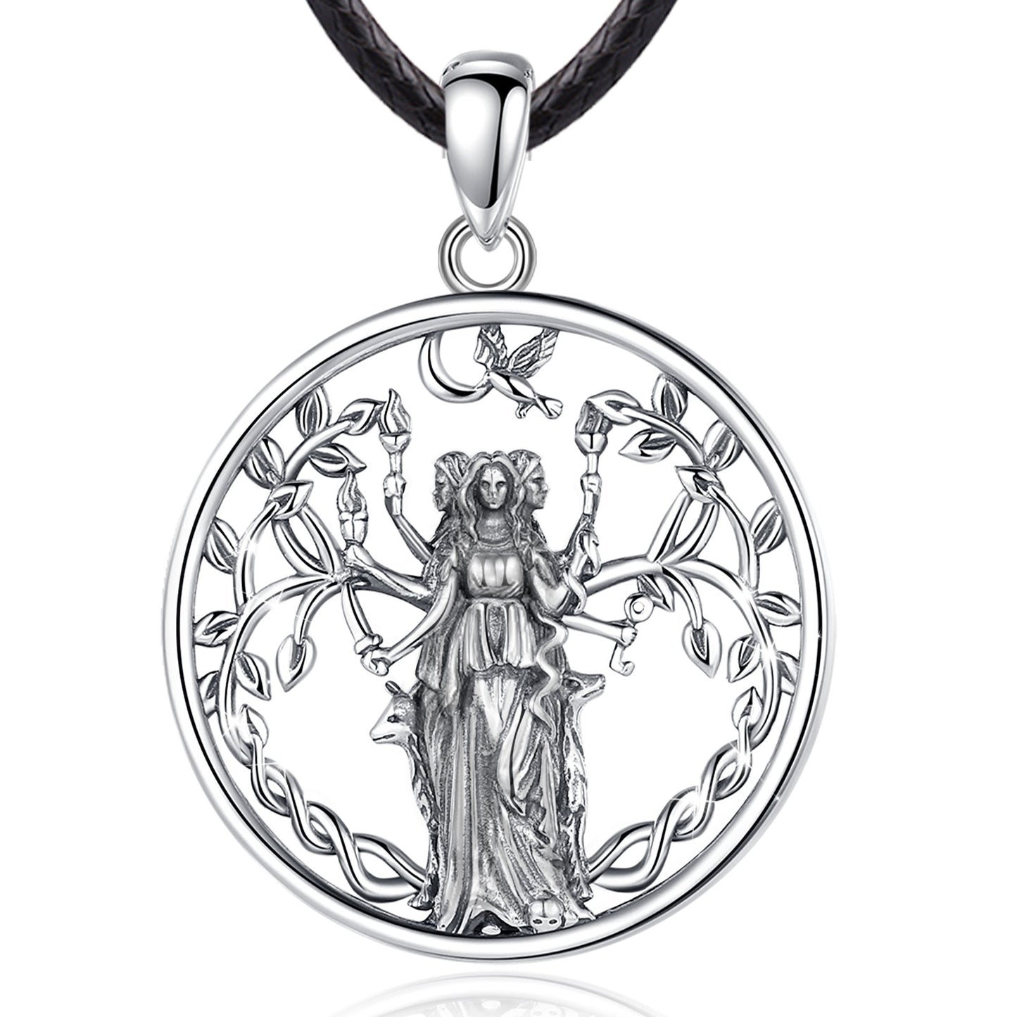 925 Sterling Silver Triple Moon Goddess Hecate necklace pendant with intricate tree and animal details.