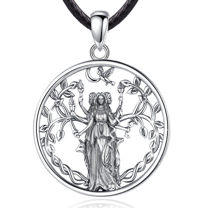 925 Sterling Silver Triple Moon Goddess Hecate necklace pendant with intricate tree and animal details.