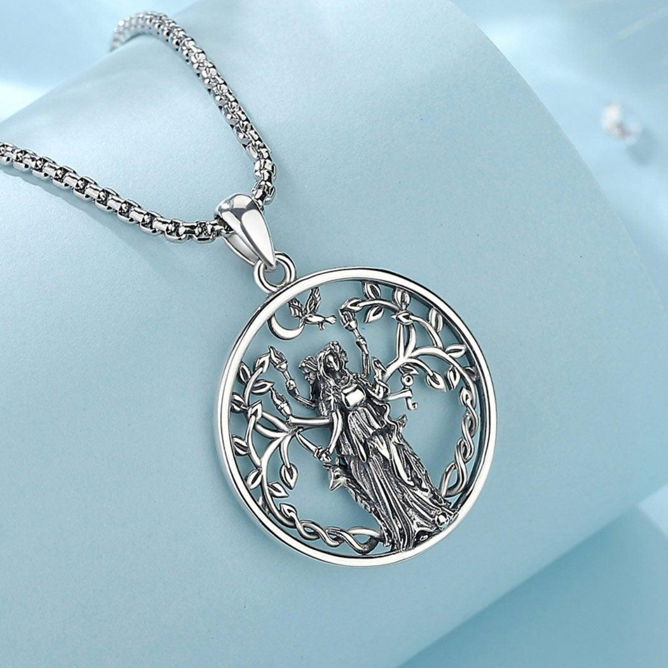 925 Sterling Silver Triple Moon Goddess Hecate necklace with intricate tree and goddess design on an 18-inch chain.