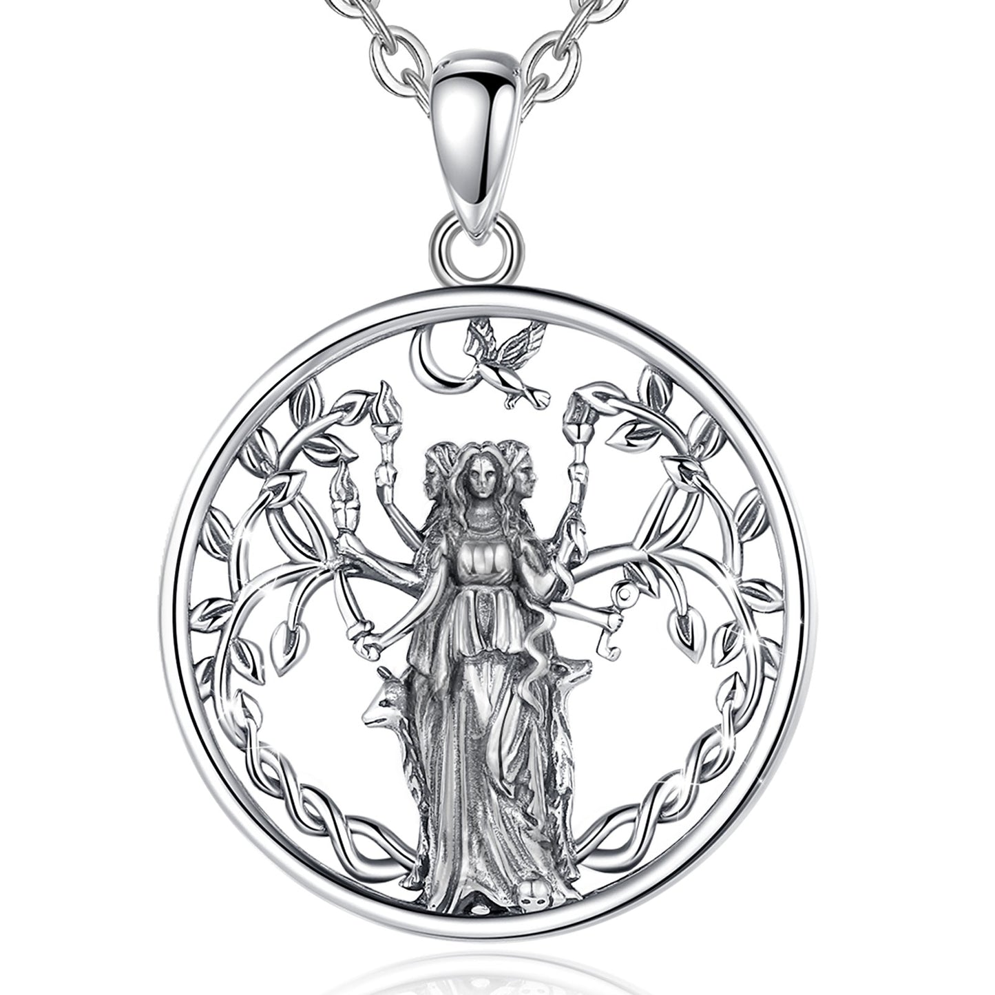 925 Sterling Silver Triple Moon Goddess Hecate necklace, 35x25mm pendant with intricate details and chain.