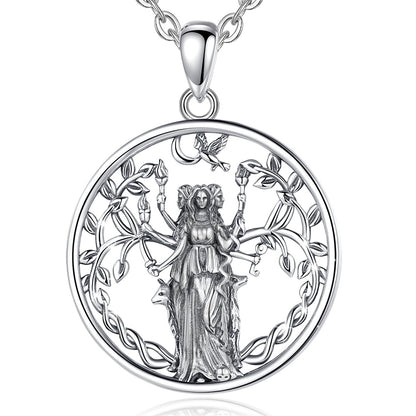 925 Sterling Silver Triple Moon Goddess Hecate necklace, 35x25mm pendant with intricate details and chain.
