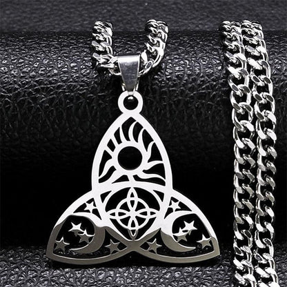 Silver Celtic Knot Triquetra necklace with sun, moon, and stars design on a curb chain.