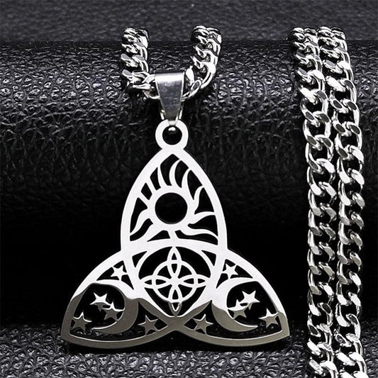 Silver Celtic Knot Triquetra necklace with sun, moon, and stars design on a curb chain.