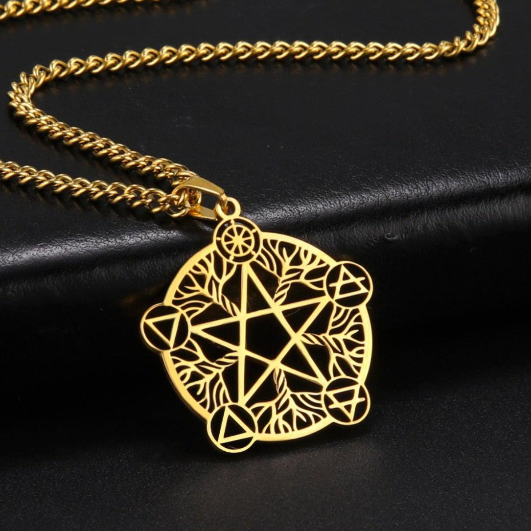 Gold stainless steel Wicca Pentacle Witch Amulet necklace, 27.9*29.4mm pendant, for eternity and infinity.