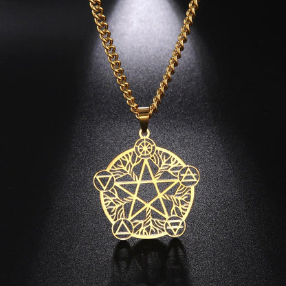 Stunning gold stainless steel Wicca Pentacle Witch Necklace Amulet, symbolizing eternity and infinity.