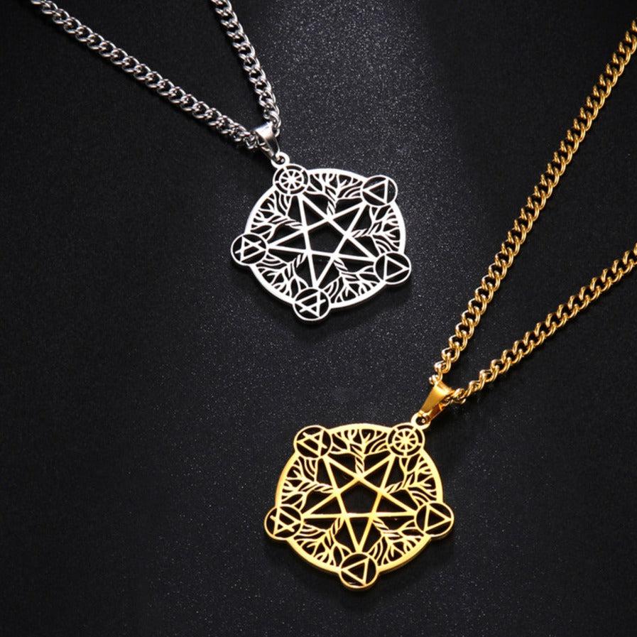 Stainless steel Wicca Pentacle Witch Amulet necklace in silver and gold, symbolizing eternity and infinity.