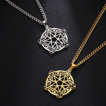 Stainless steel Wicca Pentacle Witch Amulet necklace in silver and gold, symbolizing eternity and infinity.