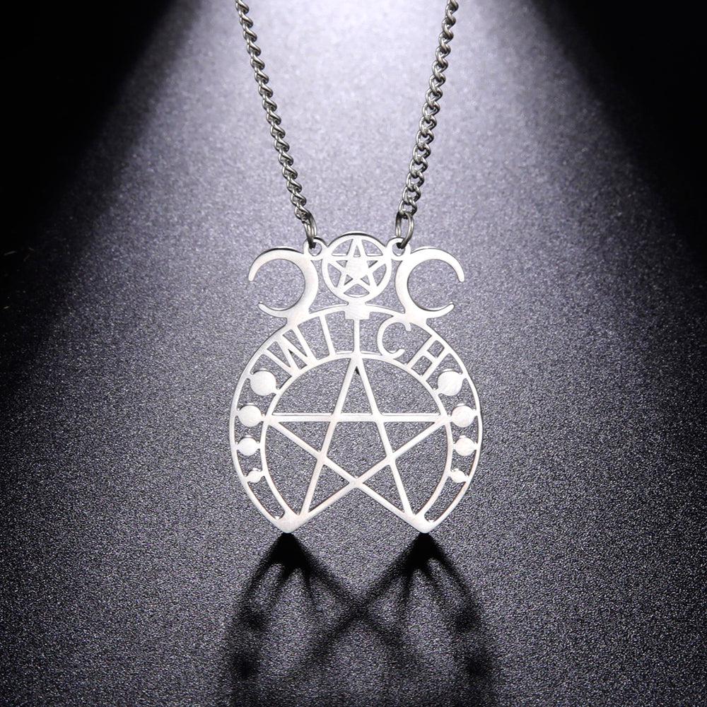 Stainless steel Witchcraft Pentacle Triple Moon Goddess necklace, 31x37mm pendant.