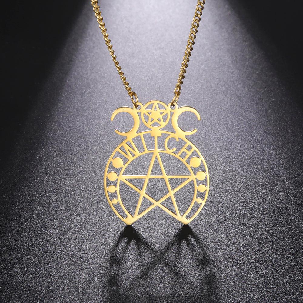 Gold stainless steel Witchcraft Pentacle Triple Moon Goddess necklace, 31x37mm pendant.