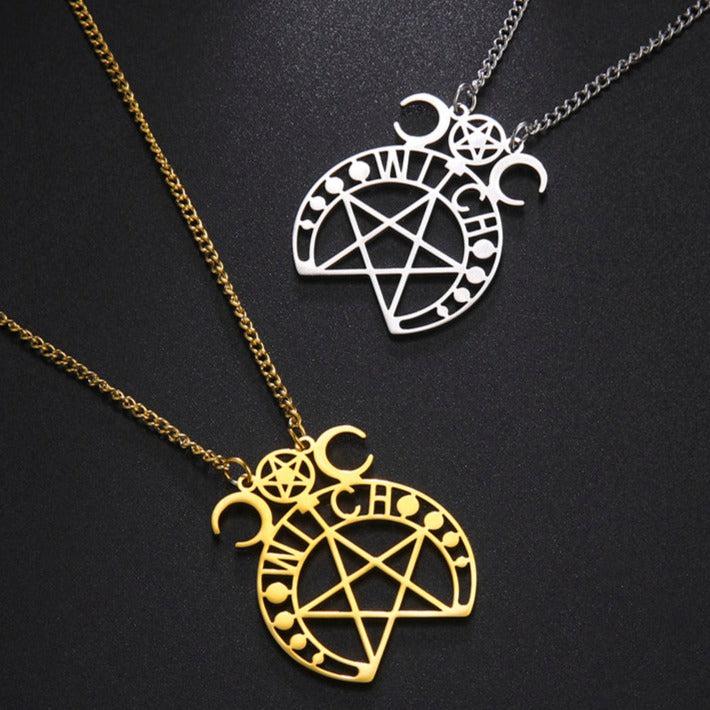 Gold and silver stainless steel Witchcraft Pentacle Triple Moon necklaces.