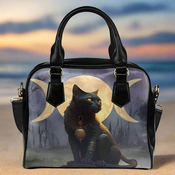 Black cat moon Shoulder Handbag-MoonChildWorld