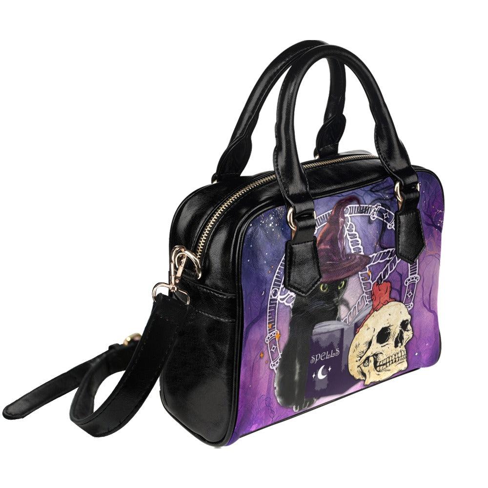 Black cat skull Gothic halloween Shoulder Handbag-MoonChildWorld