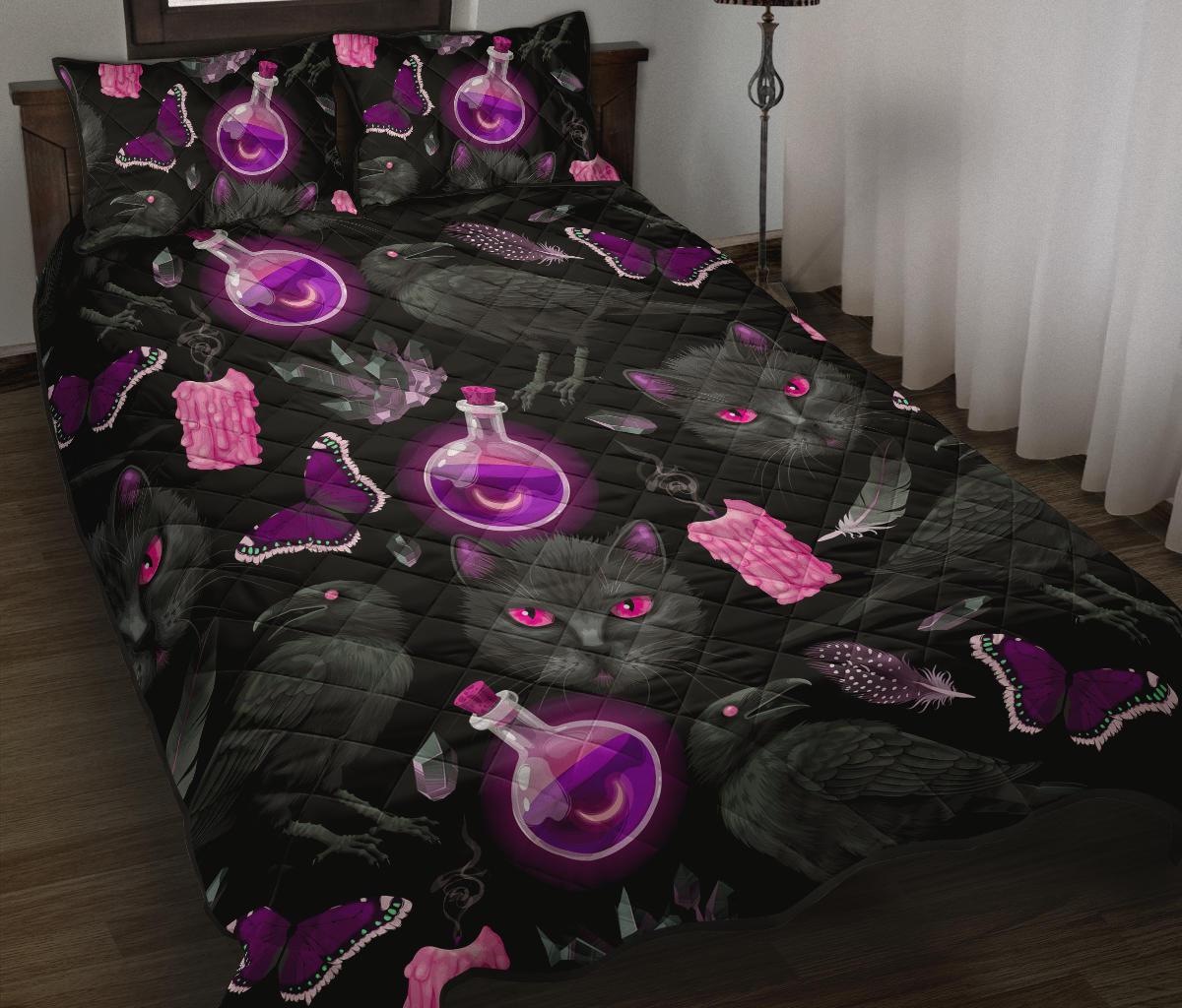 Occult cat witch Quilt Bed set Gothic Bed set-MoonChildWorld