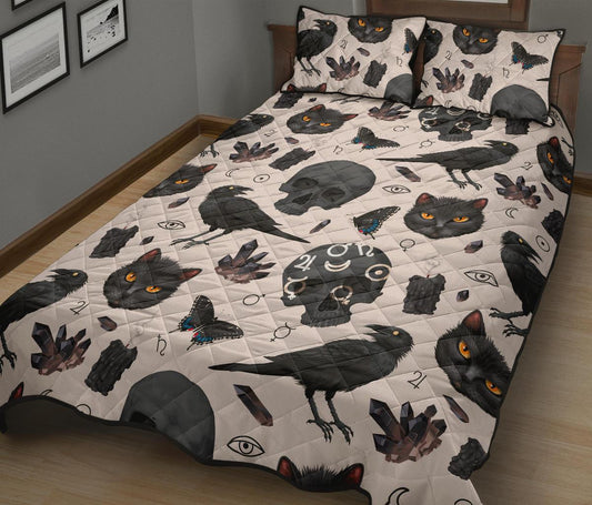 Gothic skull raven cat witch Quilt Bed Set-MoonChildWorld