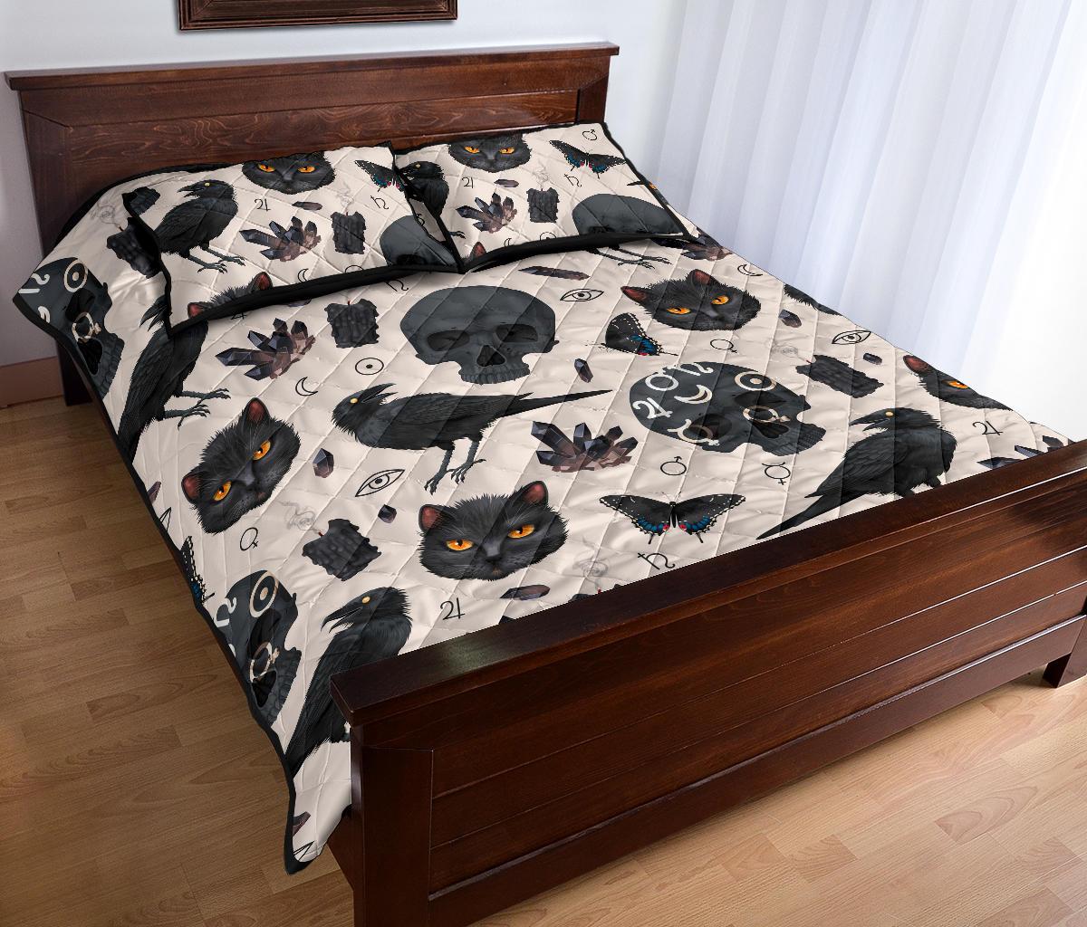 Gothic skull raven cat witch Quilt Bed Set-MoonChildWorld