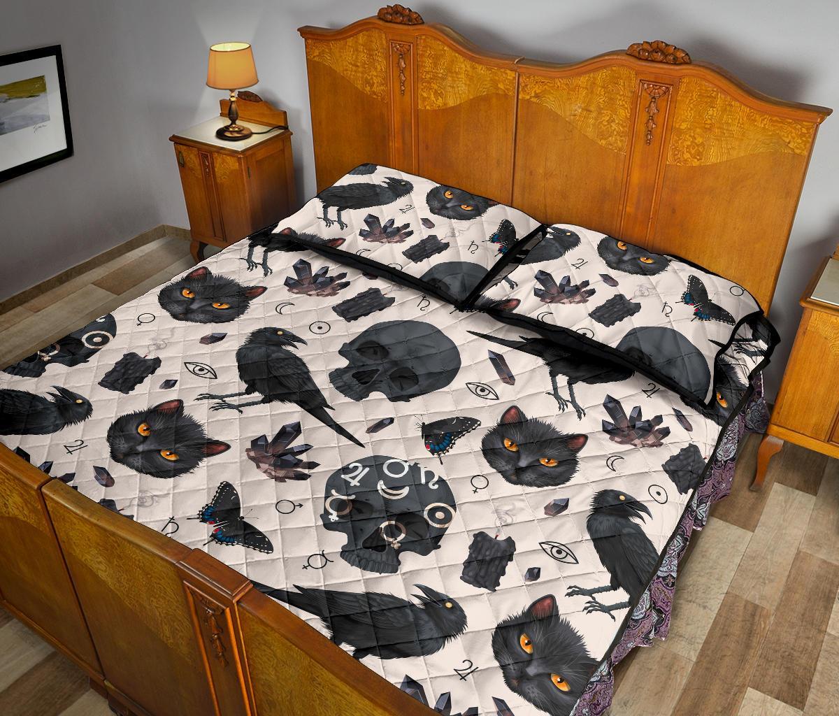 Gothic skull raven cat witch Quilt Bed Set-MoonChildWorld