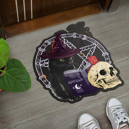 Skull black cat Halloween Door mat-MoonChildWorld