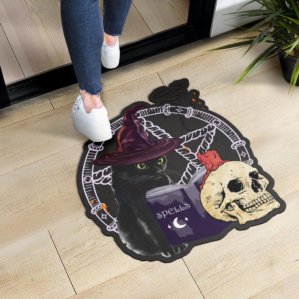 Skull black cat Halloween Door mat-MoonChildWorld