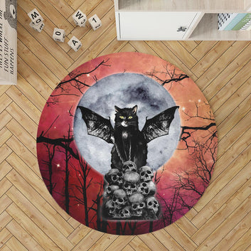 Skull Black cat Round Rug Halloween Witch Round Rug-MoonChildWorld