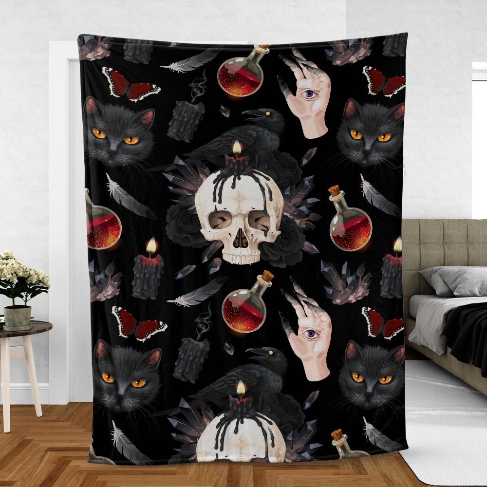 Gothic cat skull raven halloween Fleece Blanket-MoonChildWorld