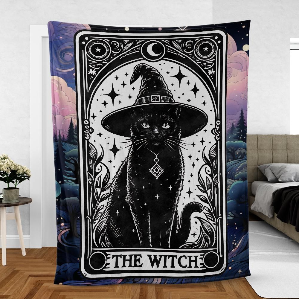 Witchy Tarot Card Black Cat Blanket-MoonChildWorld